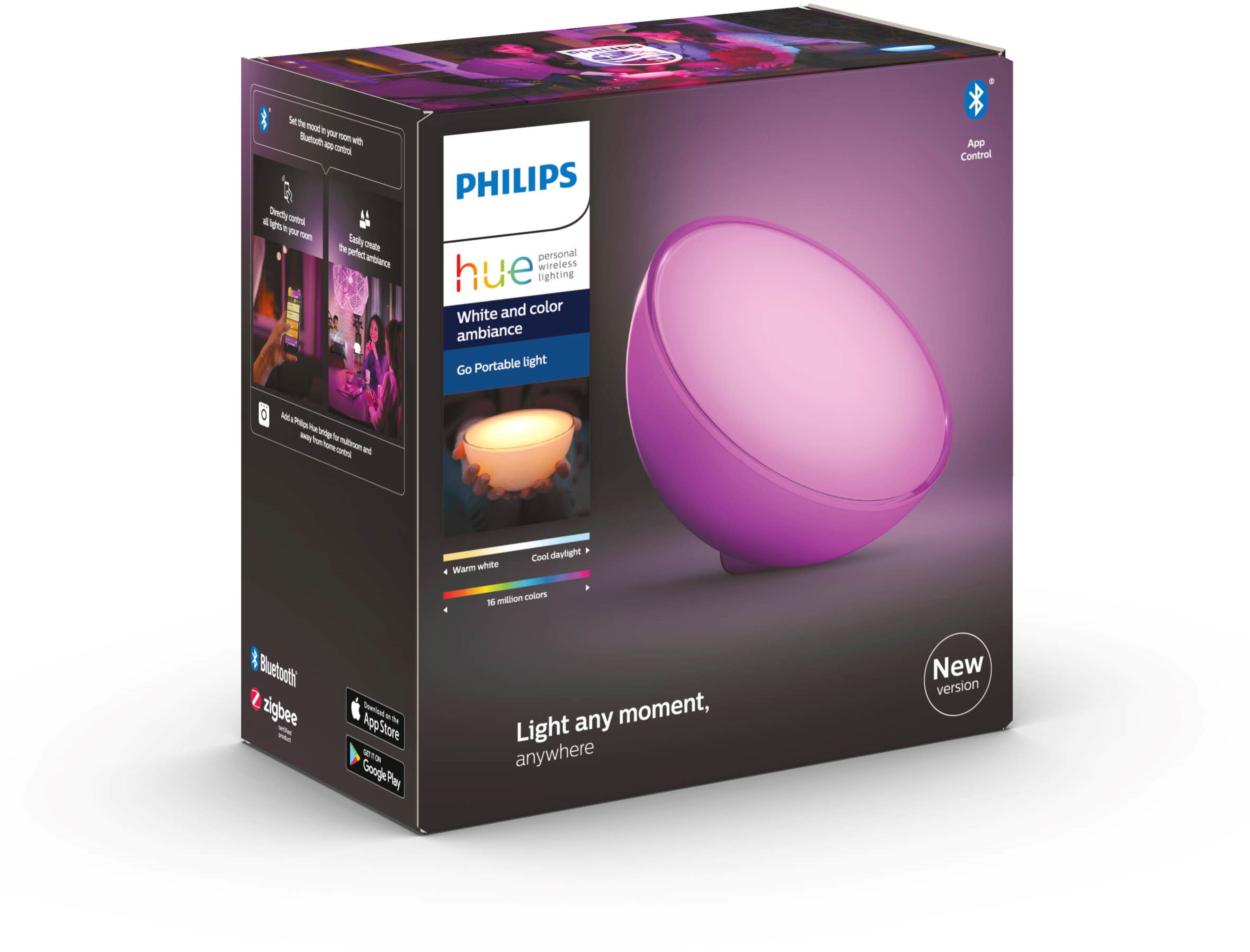 Boîte avec une lampe Philips Hue, rose et blanche.