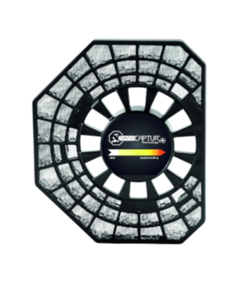 Luchtreinigerfilter. Zwart en wit met centrale indicator en donkere achtergrond.