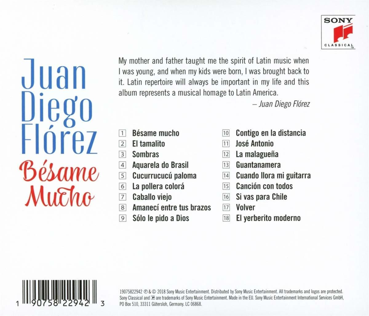 Album borítója szöveggel és számlistával. Egy férfi neve Juan Diego Flórez, az album címe Besame Mucho.