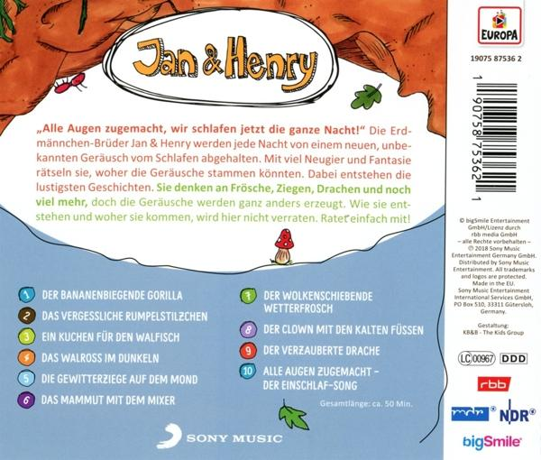 CD-Rückseite mit Titelliste, Cartoon-Bild und Text.
