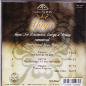 CD-Cover für 'Yoga' mit Text und Trackliste, in Gold auf dunklem Hintergrund.