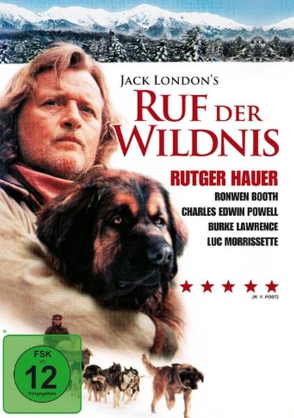 Filmplakat. Mann und Hund, Schnee im Hintergrund. Text auf Deutsch: Ruf der Wildnis.