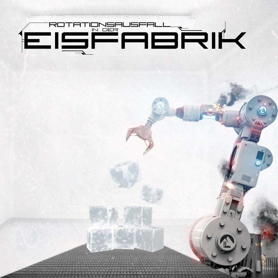 Eisbrecher Albumcover mit Roboterarm, der Eiswürfel zusammensetzt, mit dem Titel 'Eisfabrik'.