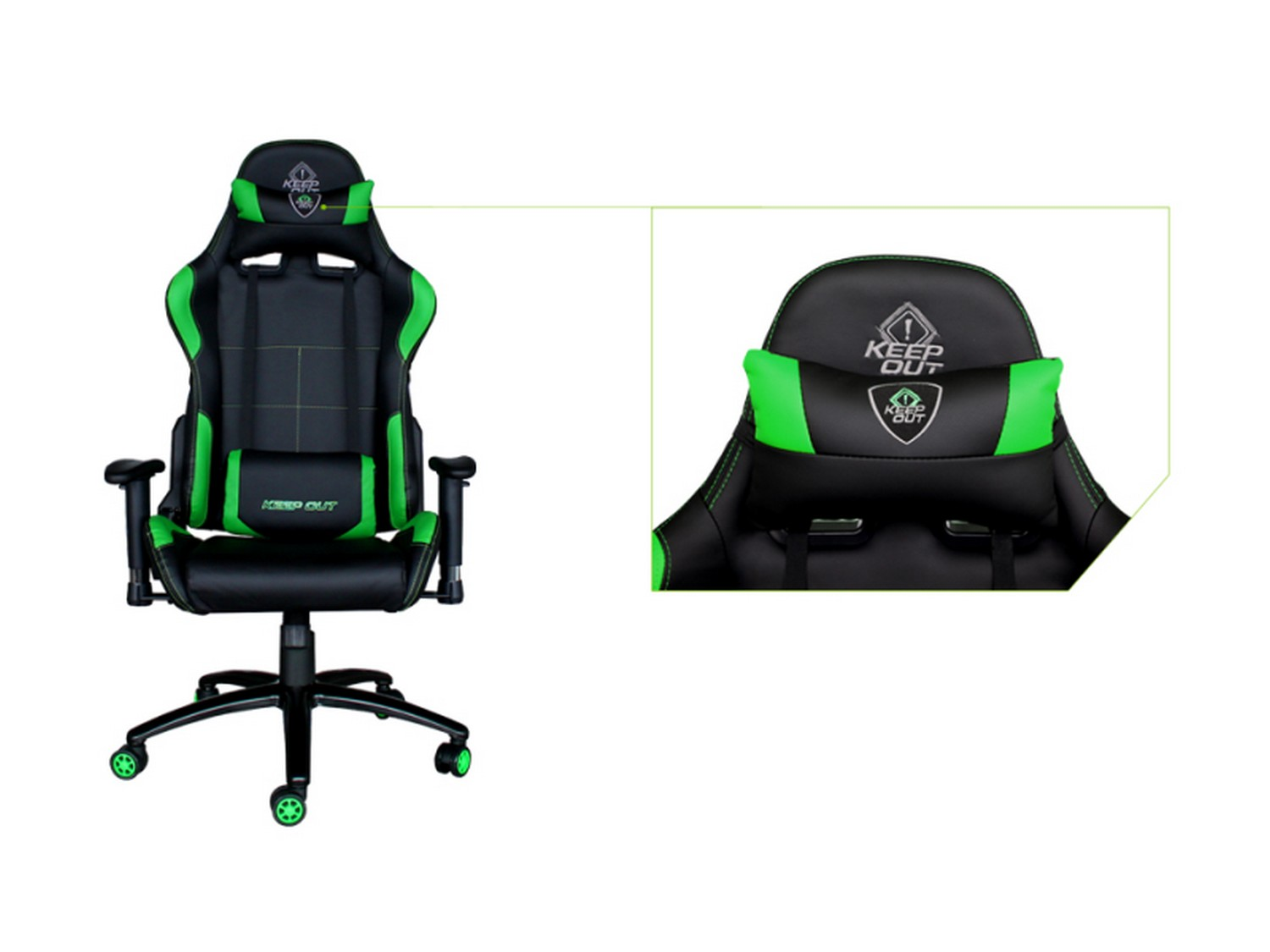 Silla gaming -  Keep Out XS200PROx, Ajustable, Reposabrazos 2D, Almohadas, Negro y Verde