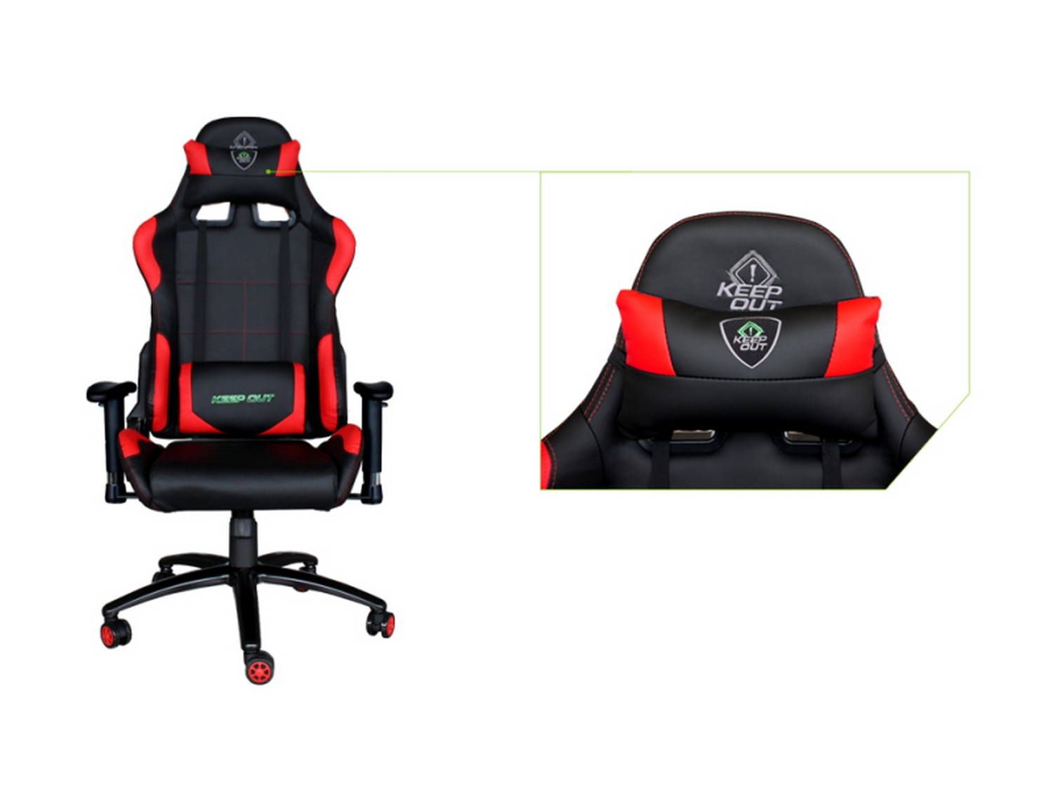 Silla gaming -  Keep Out XS200PROR, Ajustable, Reposabrazos 2D, Almohadas, Negro y Rojo