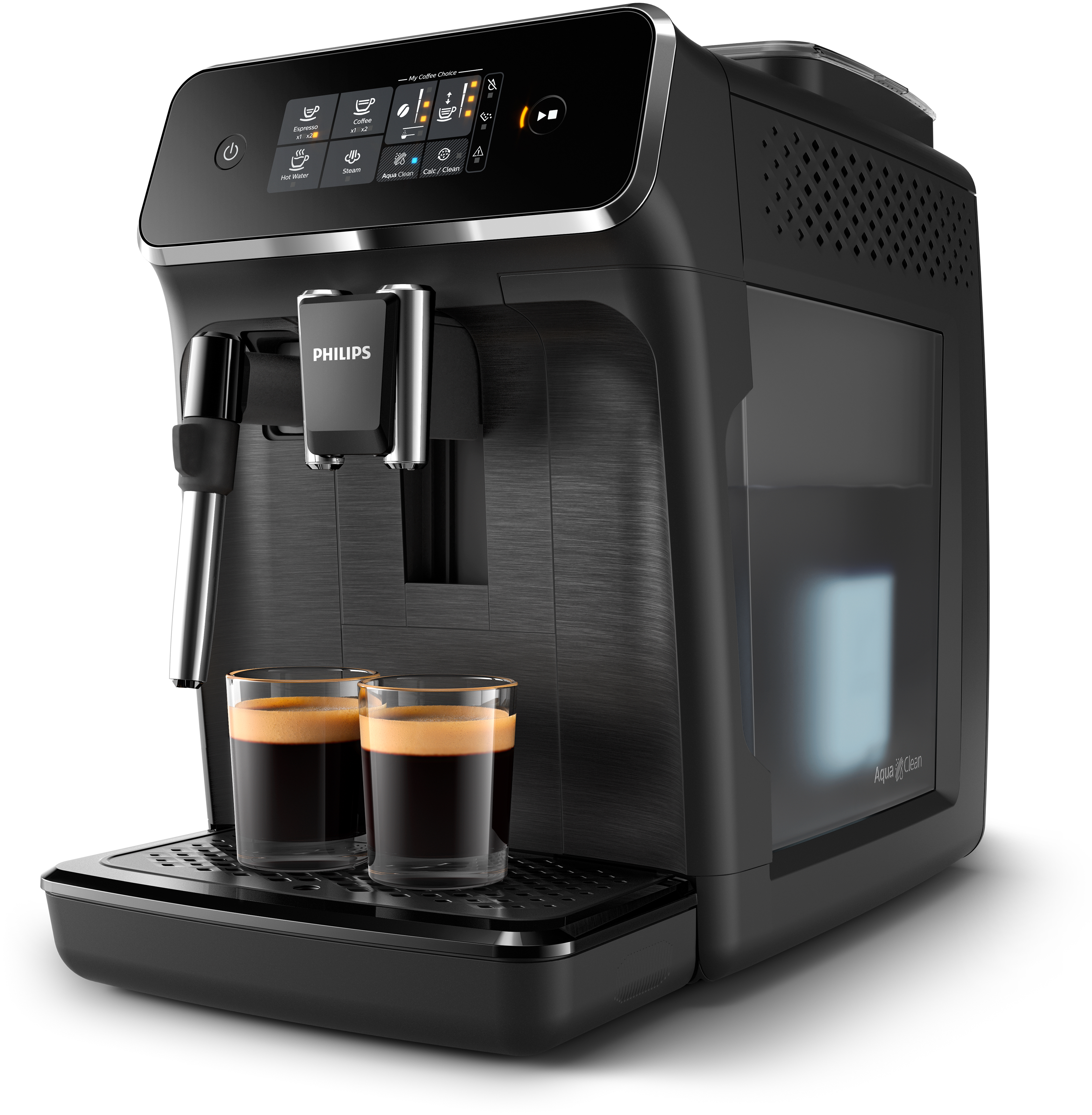 Schwarze Philips Espressomaschine mit zwei Kaffeegläsern und einem Wassertank, auf weißer Oberfläche.