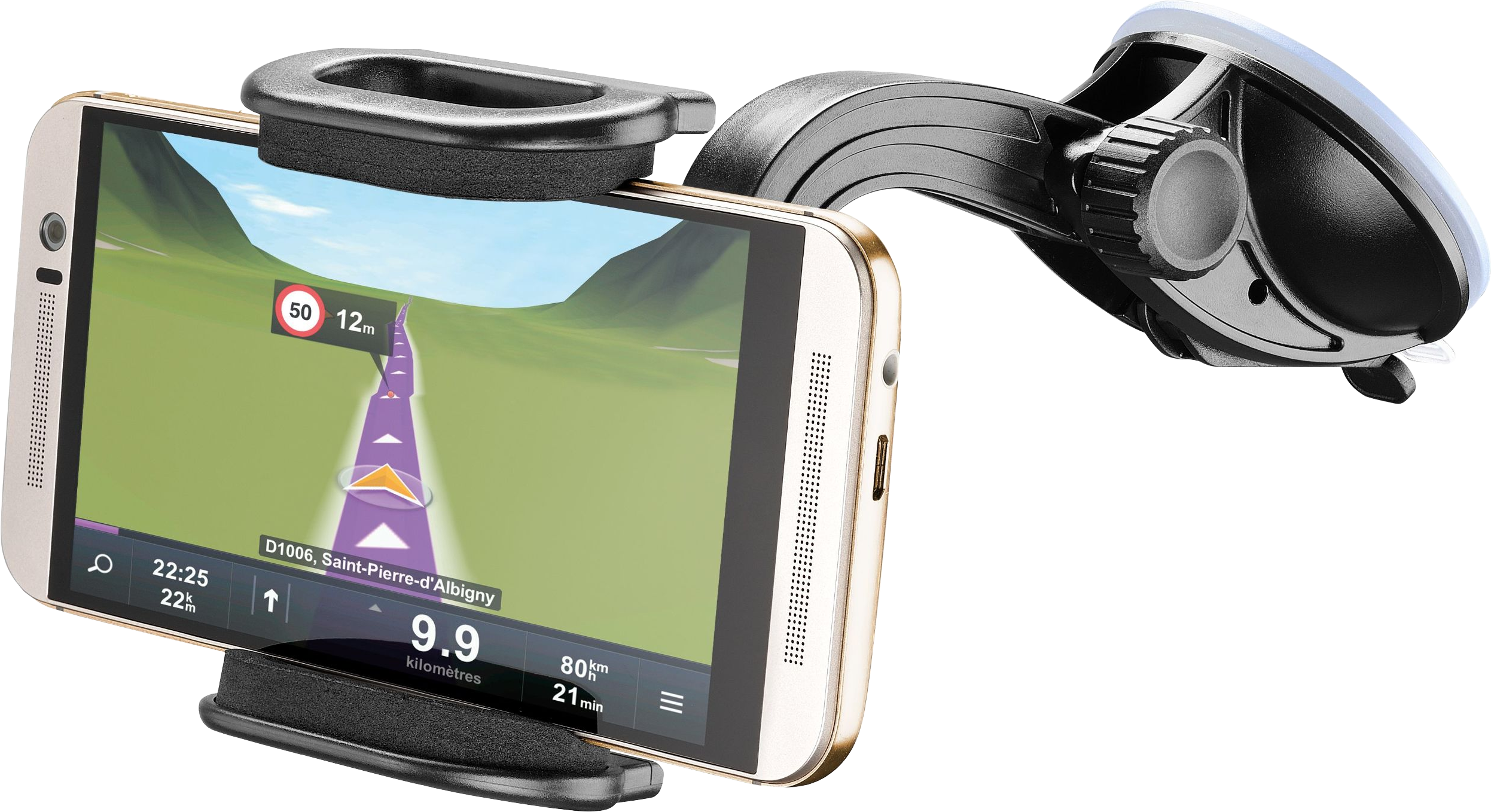 Smartphone in un supporto per auto che mostra un'app di navigazione con indicazioni stradali sullo schermo.