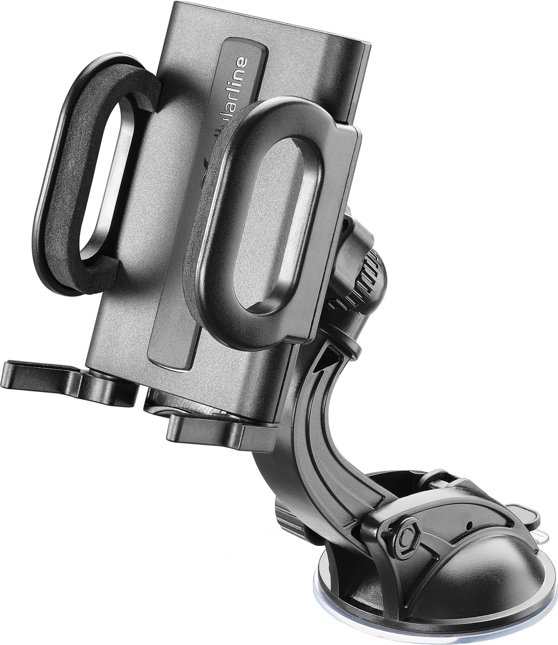 Supporto per telefono per auto nero con base a ventosa e bracci regolabili, su sfondo bianco.