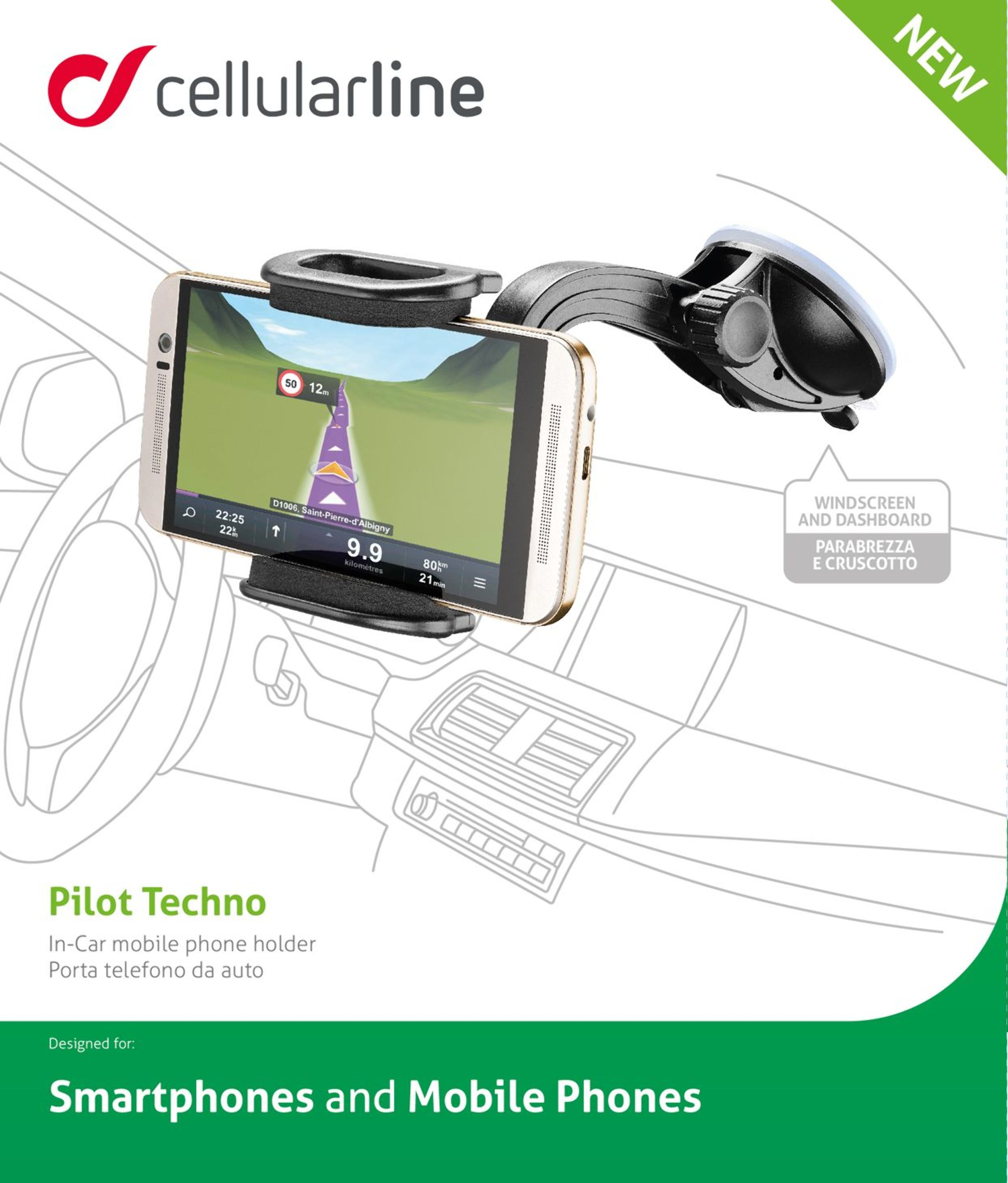 Supporto per telefono da auto. Un telefono è montato e mostra una mappa di navigazione.