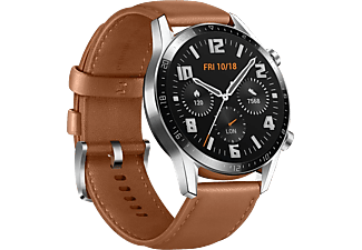 HUAWEI Watch GT 2 Classic - Smartwatch (Breite: 22 mm, Leder (+1 Fluorelastomer-Armband als Zugabe), Braun/Silber)