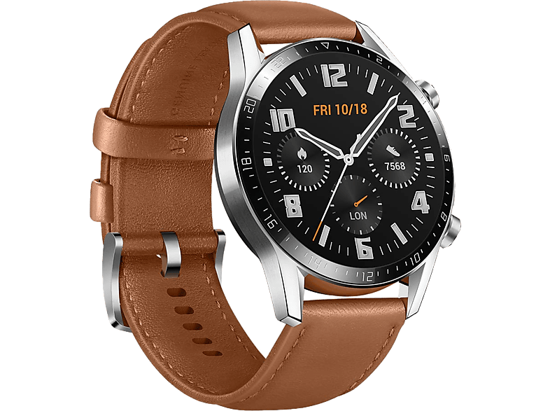 HUAWEI Watch GT 2 Classic Smartwatch Breite 22 mm Leder 1 Fluorelastomer Armband als Zugabe Braun Silber MediaMarkt
