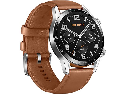 HUAWEI Watch GT 2 Classic - Montre intelligente (Largeur : 22 mm, Cuir (+1 Bracelet en Fluoroélastomère inclus), Marron/Argent)