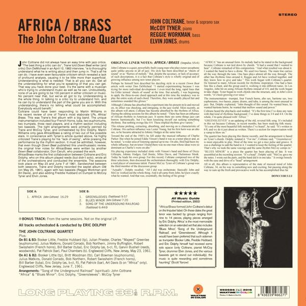 John Coltrane Quartet, Africa/Brass album borítója. Szöveg és dzsessz zenészek.