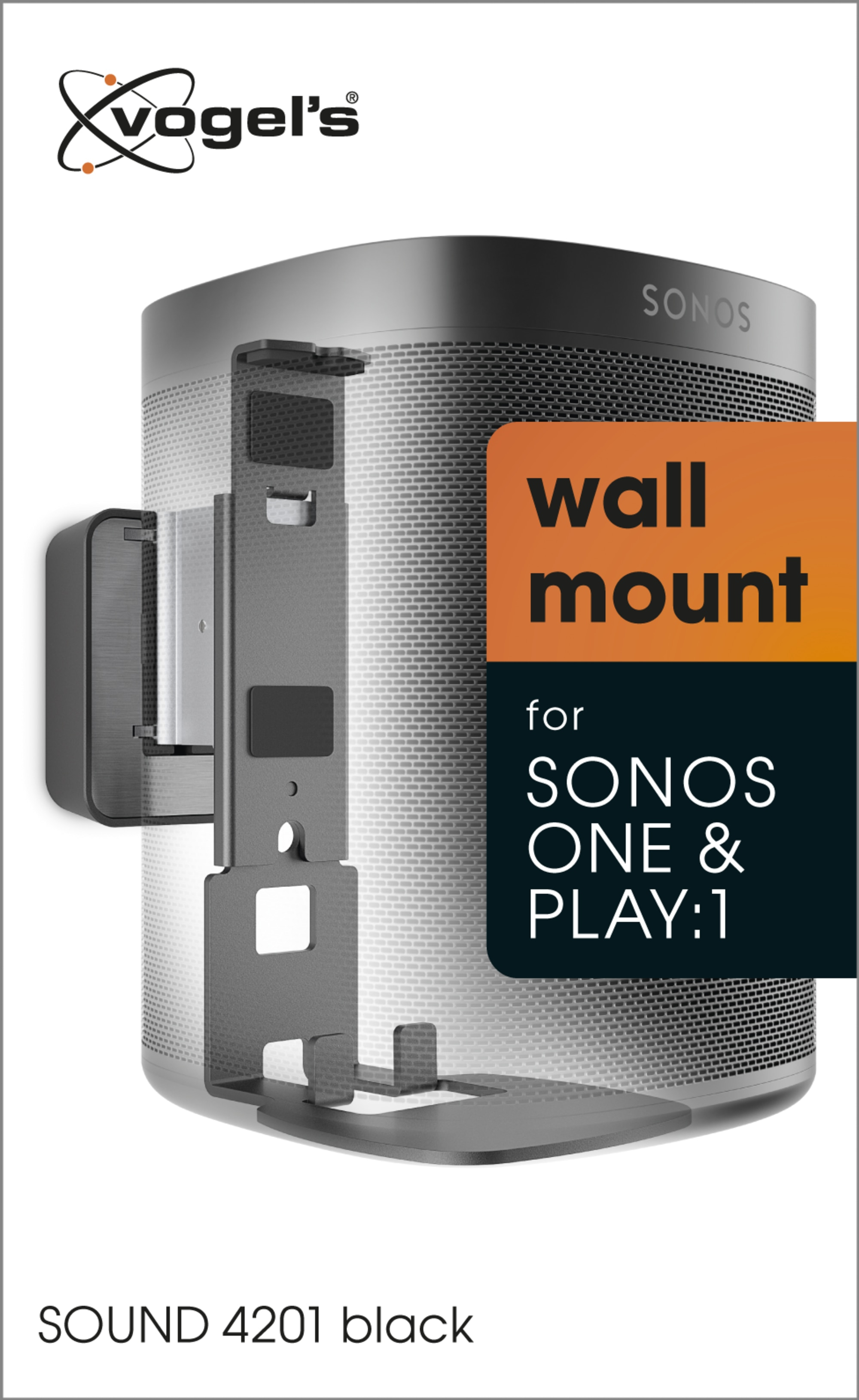 Produktaufnahme: schwarze Sonos-Lautsprecherhalterung mit Produktdetails und Logo.