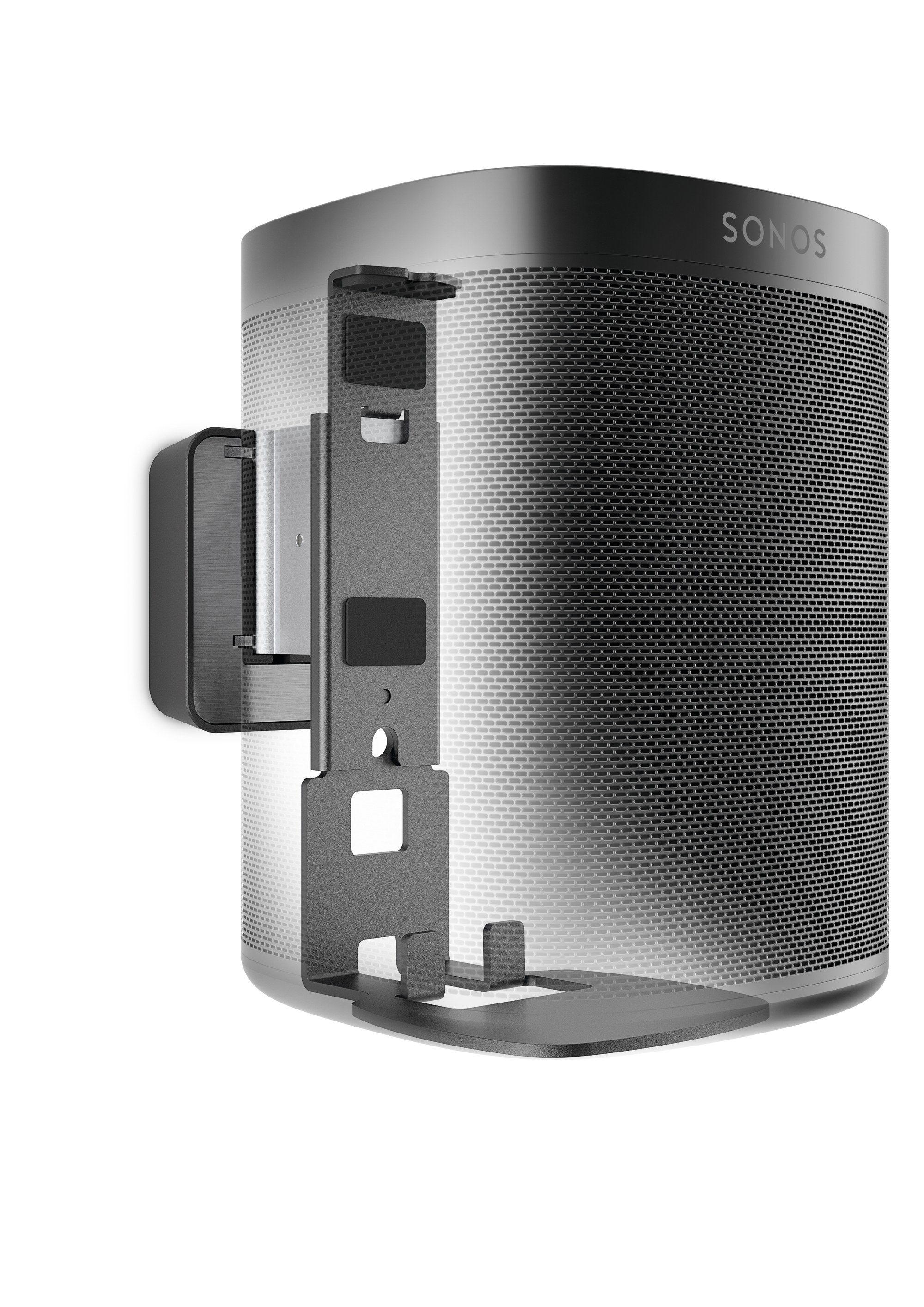 Schwarzer und silberner Sonos-Lautsprecher mit Wandhalterung, isoliert auf Weiß.