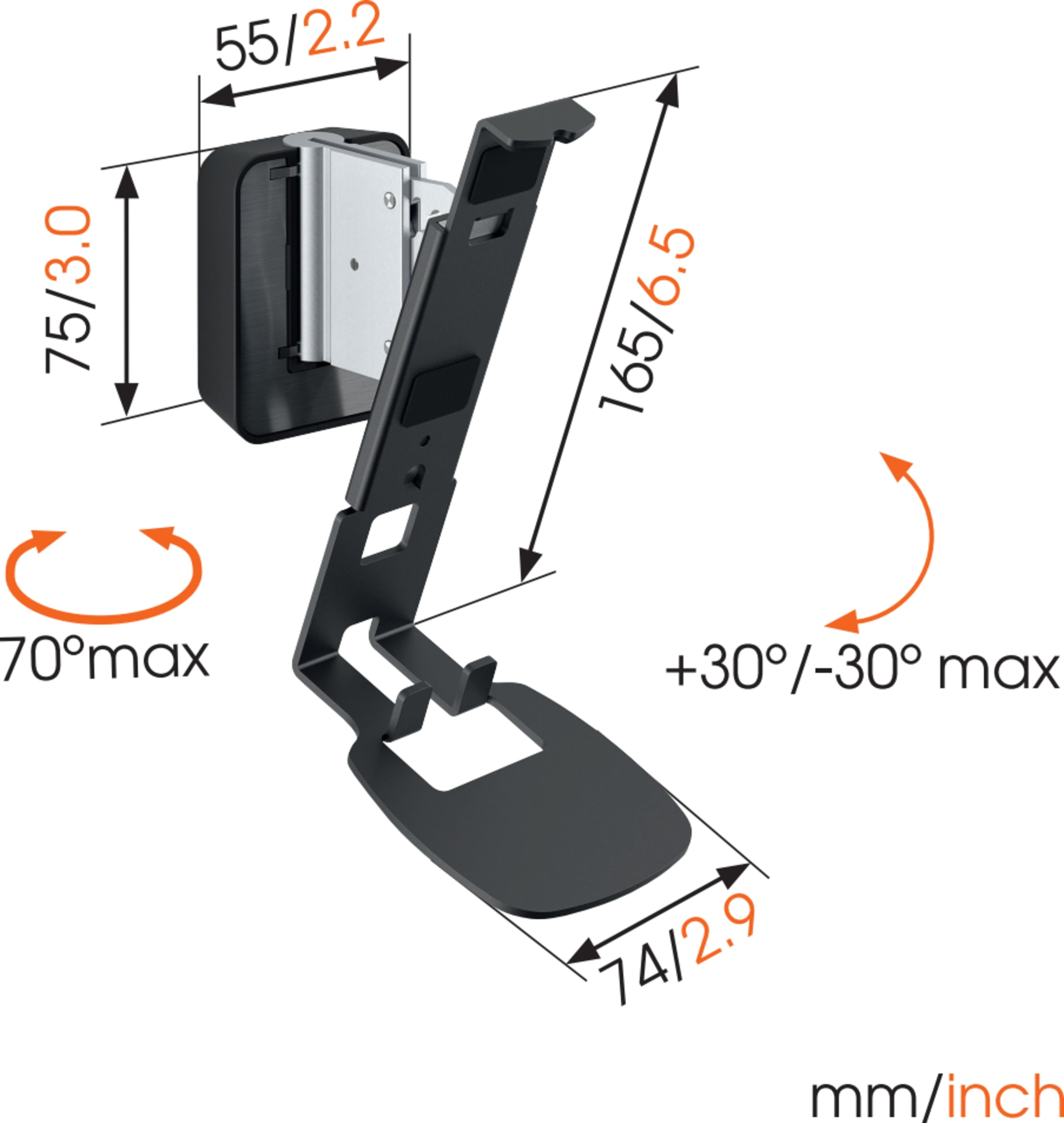 Schwarze und silberne Lautsprecher-Wandhalterung mit Größenangaben in mm/Zoll.