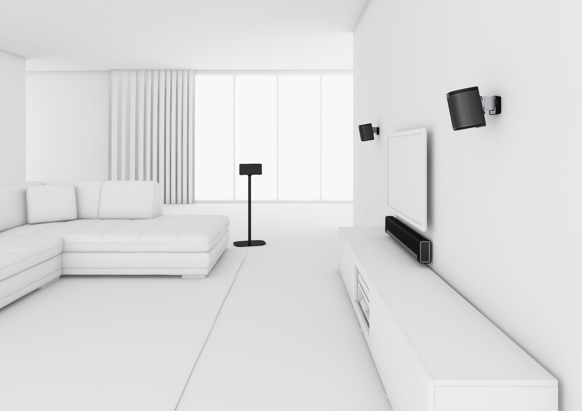 Eine moderne, weiße Wohnzimmereinrichtung mit Sofa, Fernseher, Lautsprechern und minimalistischem Design.