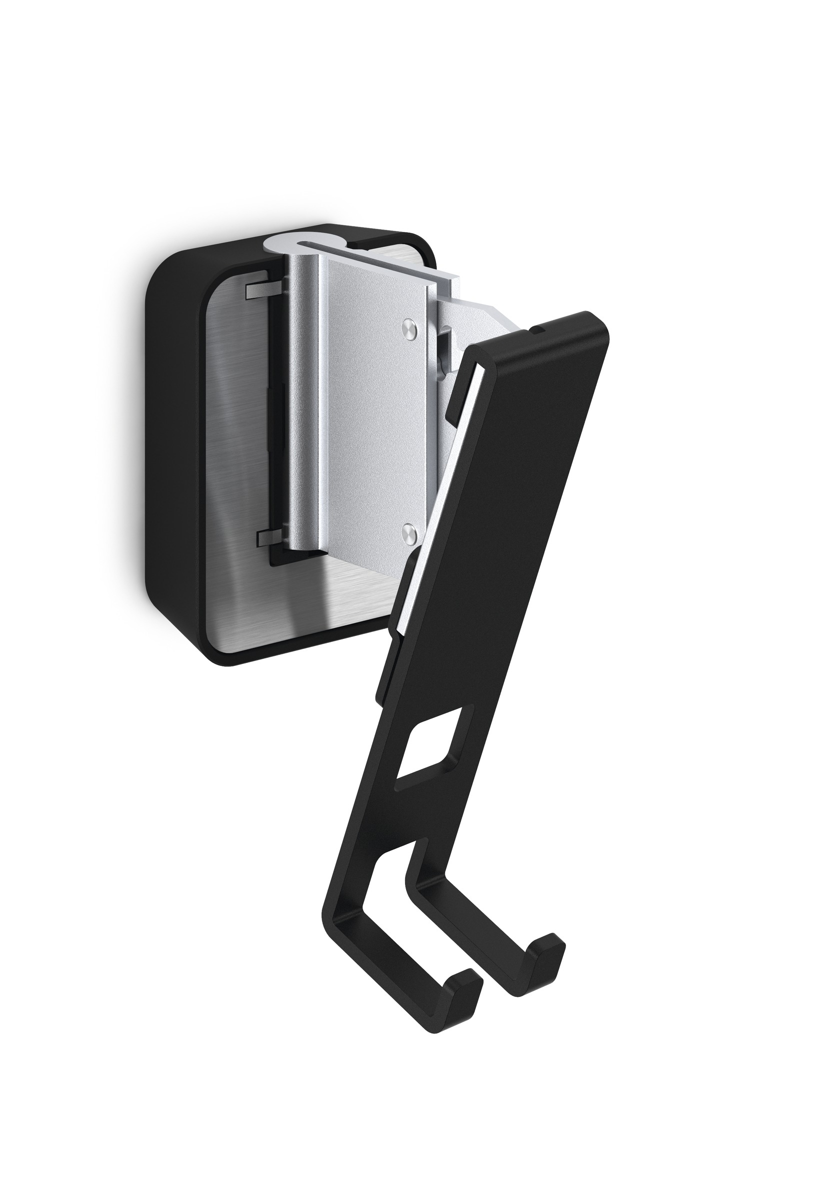 Eine schwarze Wandhalterung für ein Tablet oder Telefon mit silberfarbenem Metallakzent.