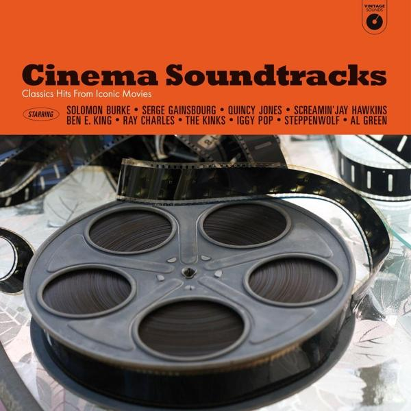 Pochette d'album Cinema Soundtracks avec bobine et texte.