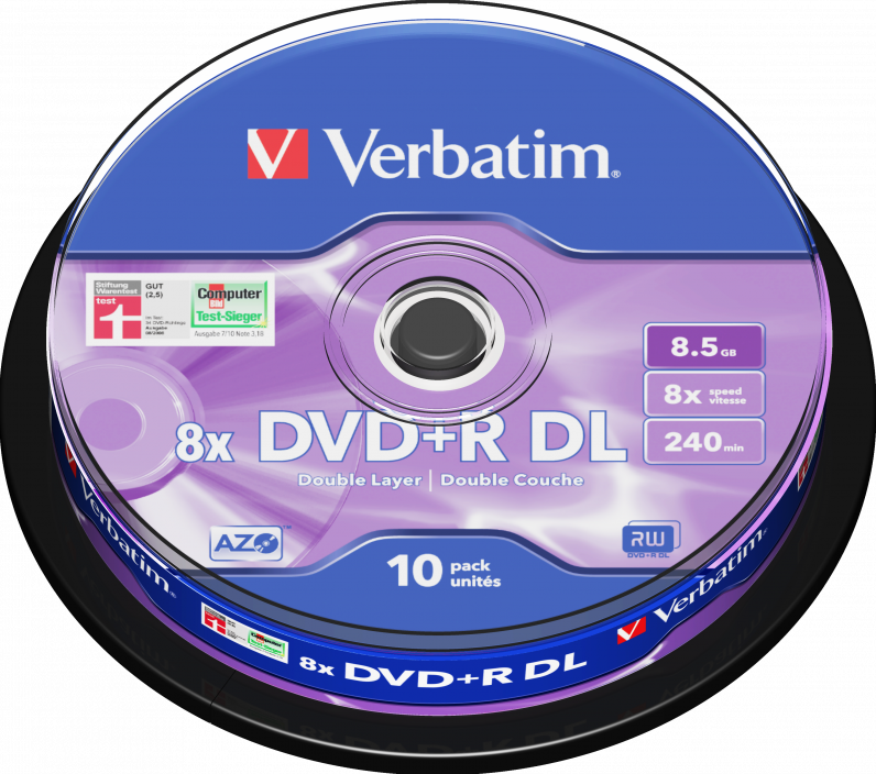 Eine Verbatim DVD+R DL Disc. Die Disc hat Text, Etiketten und eine silberne, reflektierende Oberfläche.