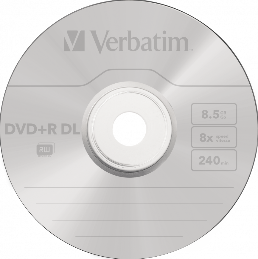 Silberne DVD mit schwarzem Zentrum und weißem Text. 8,5 GB, 8x Geschwindigkeit, 240 Minuten Details.