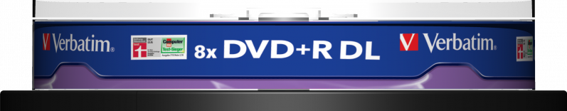 Eine blaue und weiße Verbatim DVD+R DL-Hülle, mit Produktnamen und Spezifikationen deutlich sichtbar.