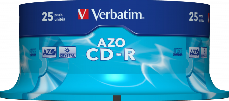 Eine Packung mit 25 Verbatim AZO CD-R-Discs in einer blau-weißen Verpackung.