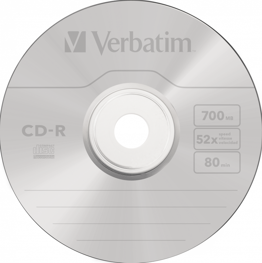 Eine silberne CD-R-Disc mit Text und Informationen über Kapazität und Geschwindigkeit.