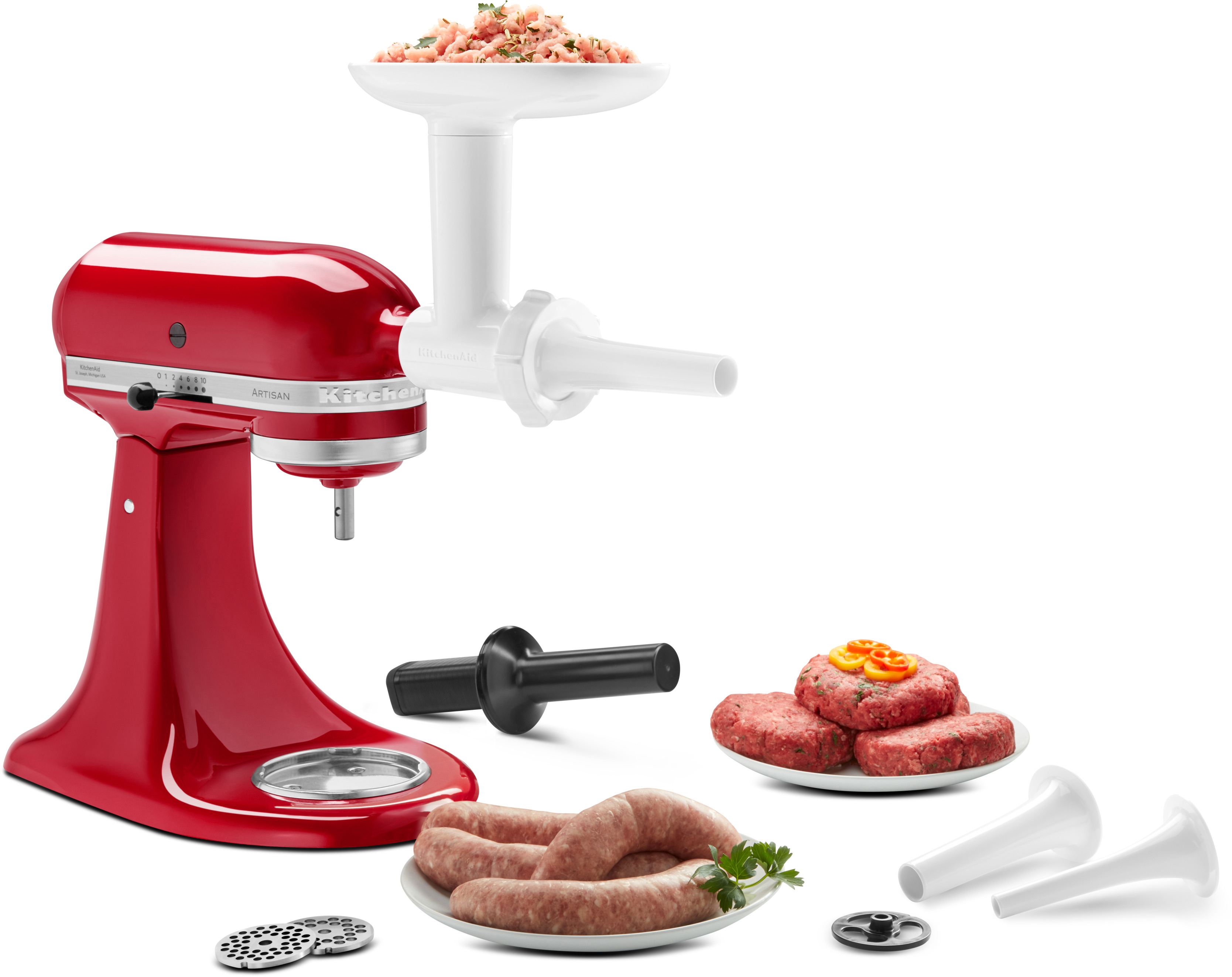 Roter KitchenAid-Mixer mit Fleischwolfaufsatz und Zutaten.