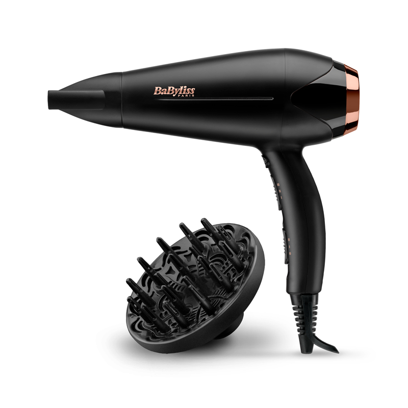 A black hair dryer with a rose gold accent. A diffuser attachment is next to the dryer.