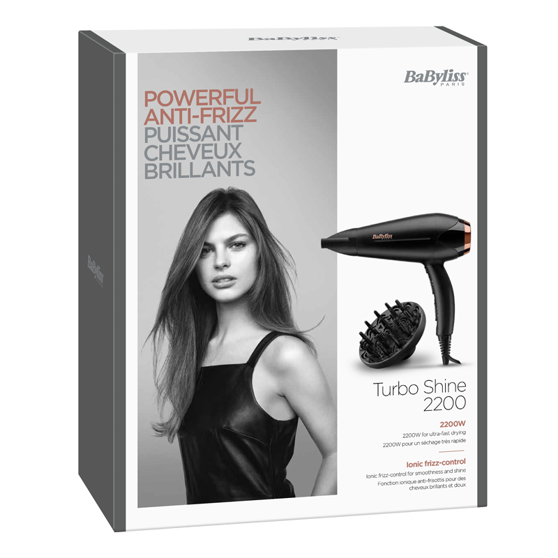A woman with straight hair and a hairdryer box. The box has text in multiple languages.