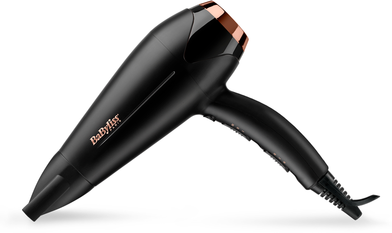 A black hairdryer with a rose gold nozzle, set against a white background.