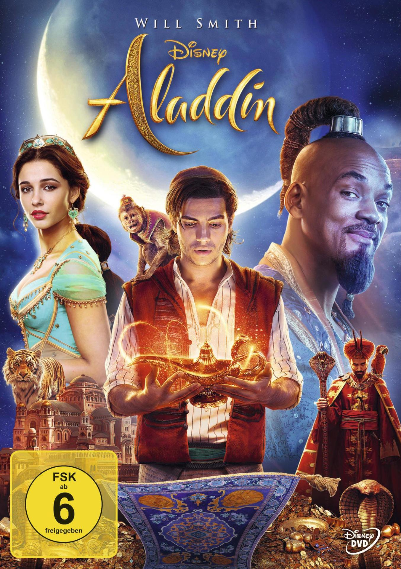 Aladdin DVD-Cover mit Will Smith, einem Dschinni und anderen Charakteren.