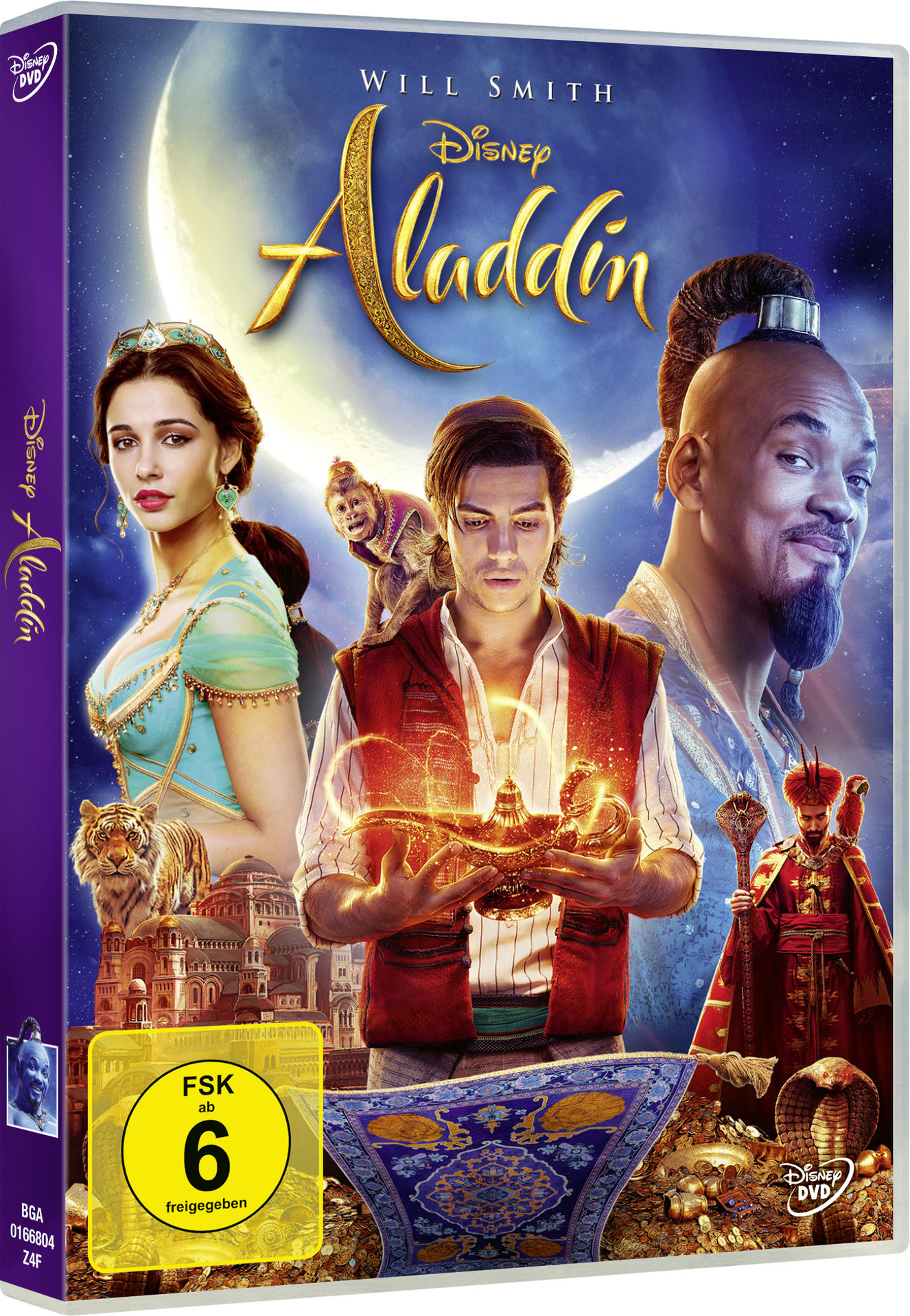 Aladdin DVD-Cover mit Will Smith und Charakteren, mit goldenem Logo.