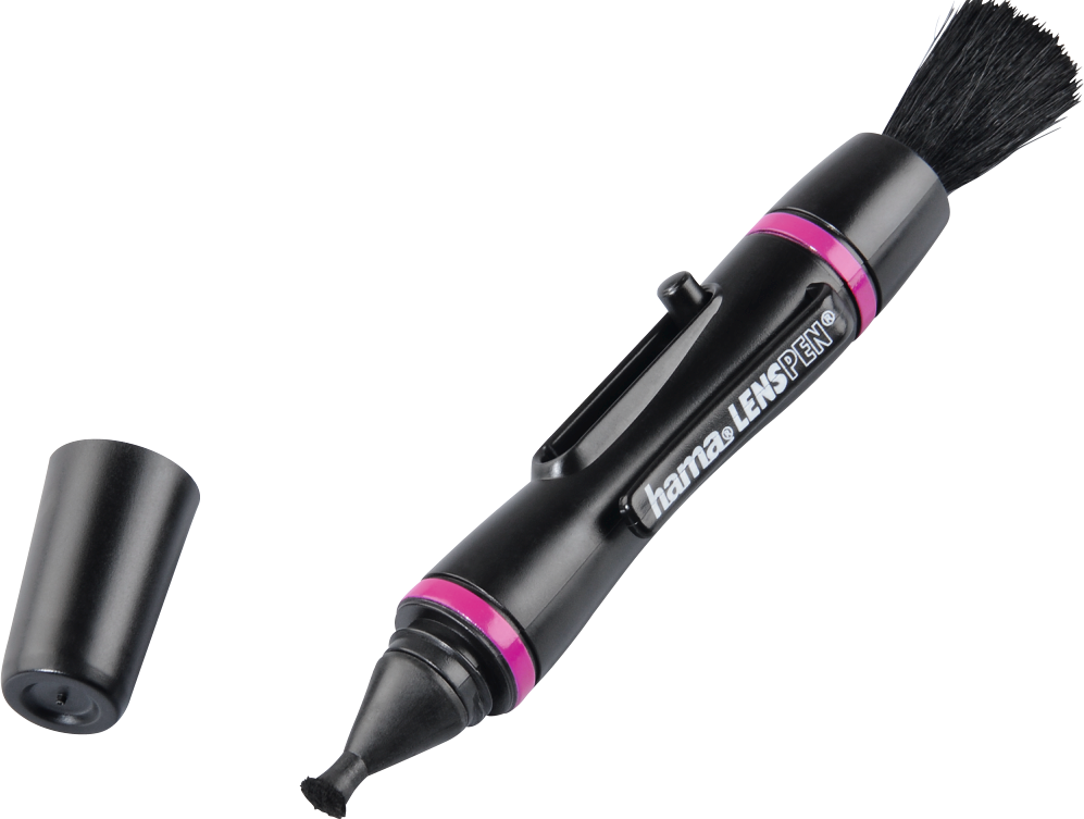 Stylo de nettoyage d'objectif noir avec une brosse à une extrémité et un tampon de nettoyage à l'autre, sans capuchon.