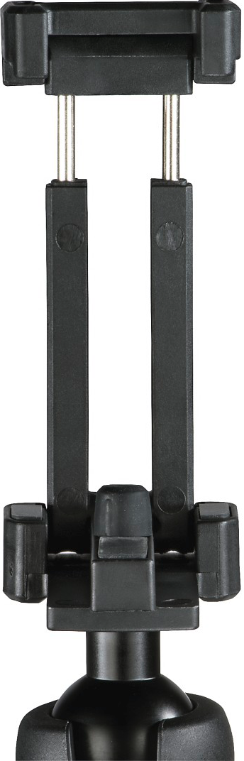 Supporto per telefono nero con due barre verticali e uno snodo sferico. Sfondo bianco.