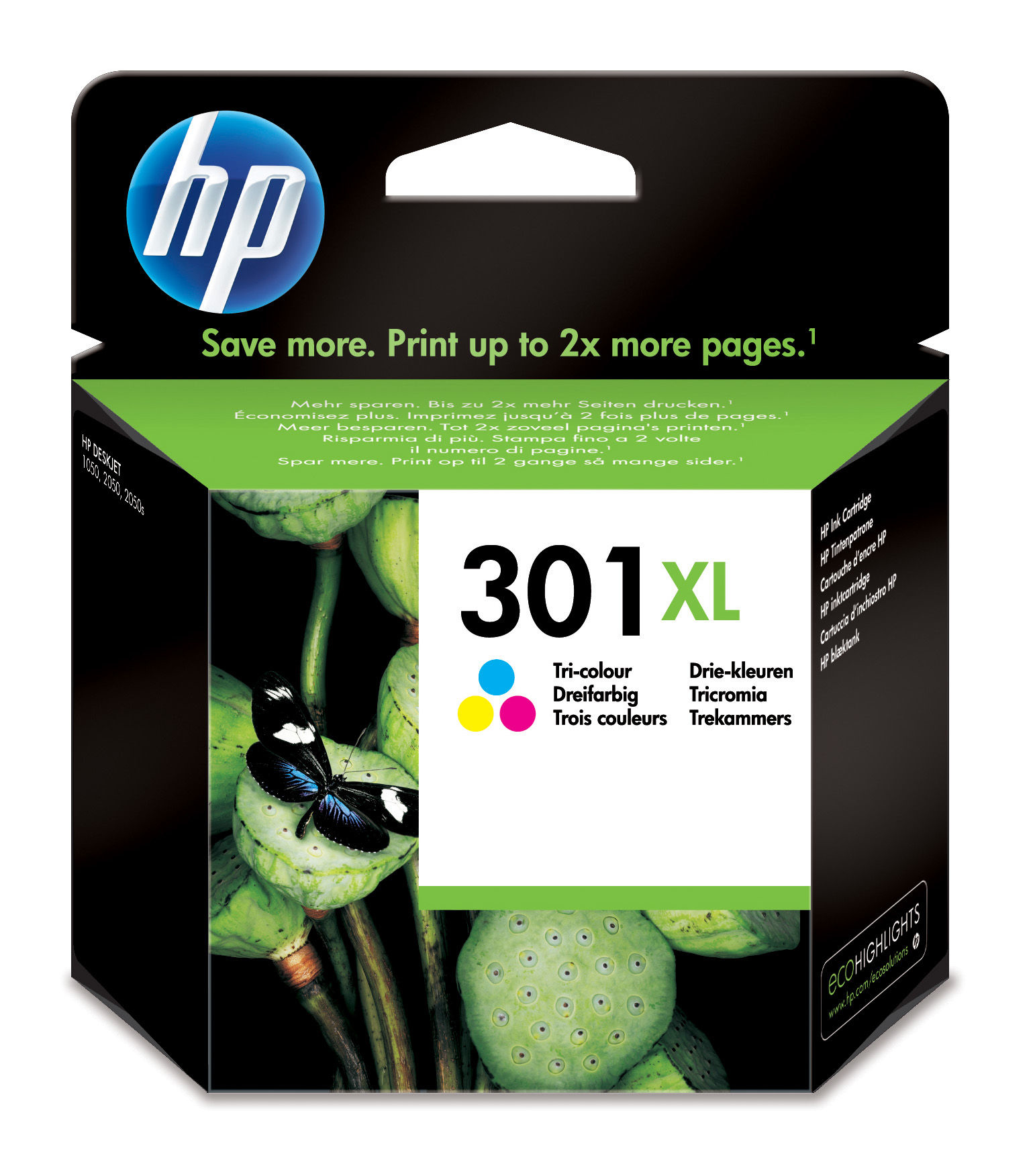 HP Tintenpatronenbox. Eine farbenfrohe Box mit einer Schmetterlings- und Pflanzenillustration. Die Box hat das HP-Logo.