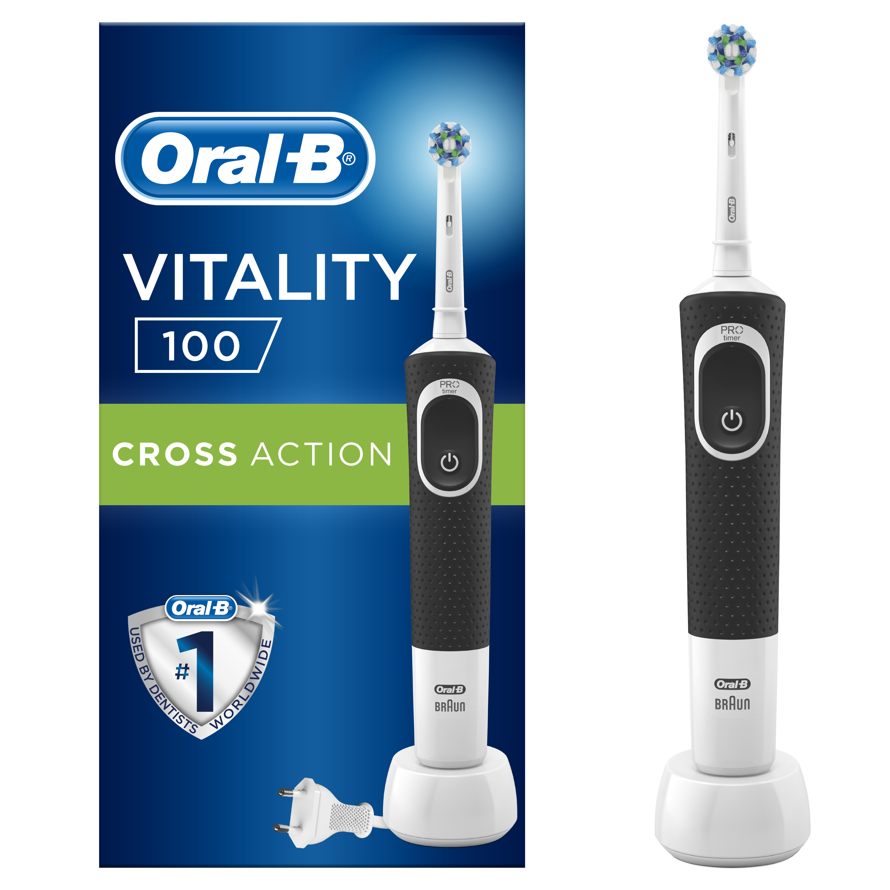 Siyah saplı ve beyaz şarj tabanına sahip Oral-B Vitality 100 elektrikli diş fırçası.