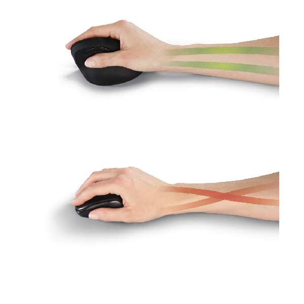 Mano usando ratón ergonómico negro, líneas muestran posición correcta de la muñeca.