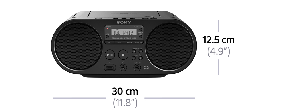Boombox noire avec les dimensions de 30 cm (11,8") de largeur et 12,5 cm (4,9") de hauteur.