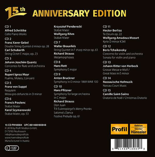 Back of a music album with a list of songs and text. 15th Anniversary Edition.