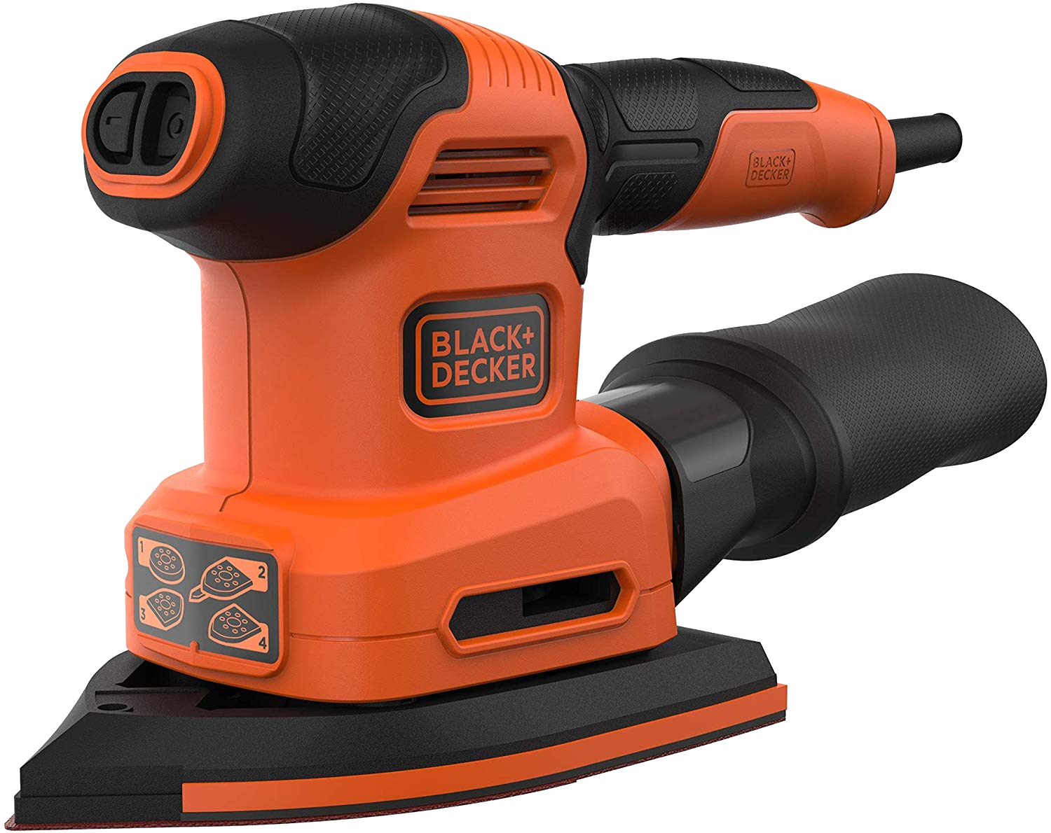 Narancs és fekete Black+Decker csiszolószerszám, ferde nézet, izolált.