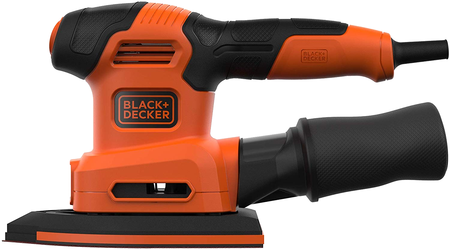 Narancs és fekete csiszolószerszám. Black+Decker logó látható. Oldalnézet porszívózsákkal.