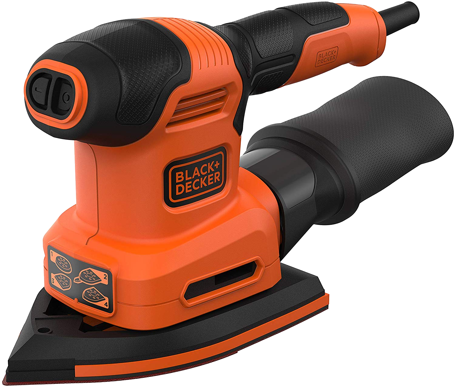 Narancssárga és fekete BLACK+DECKER csiszoló fehér háttér előtt. A szerszám háromszög alakú.