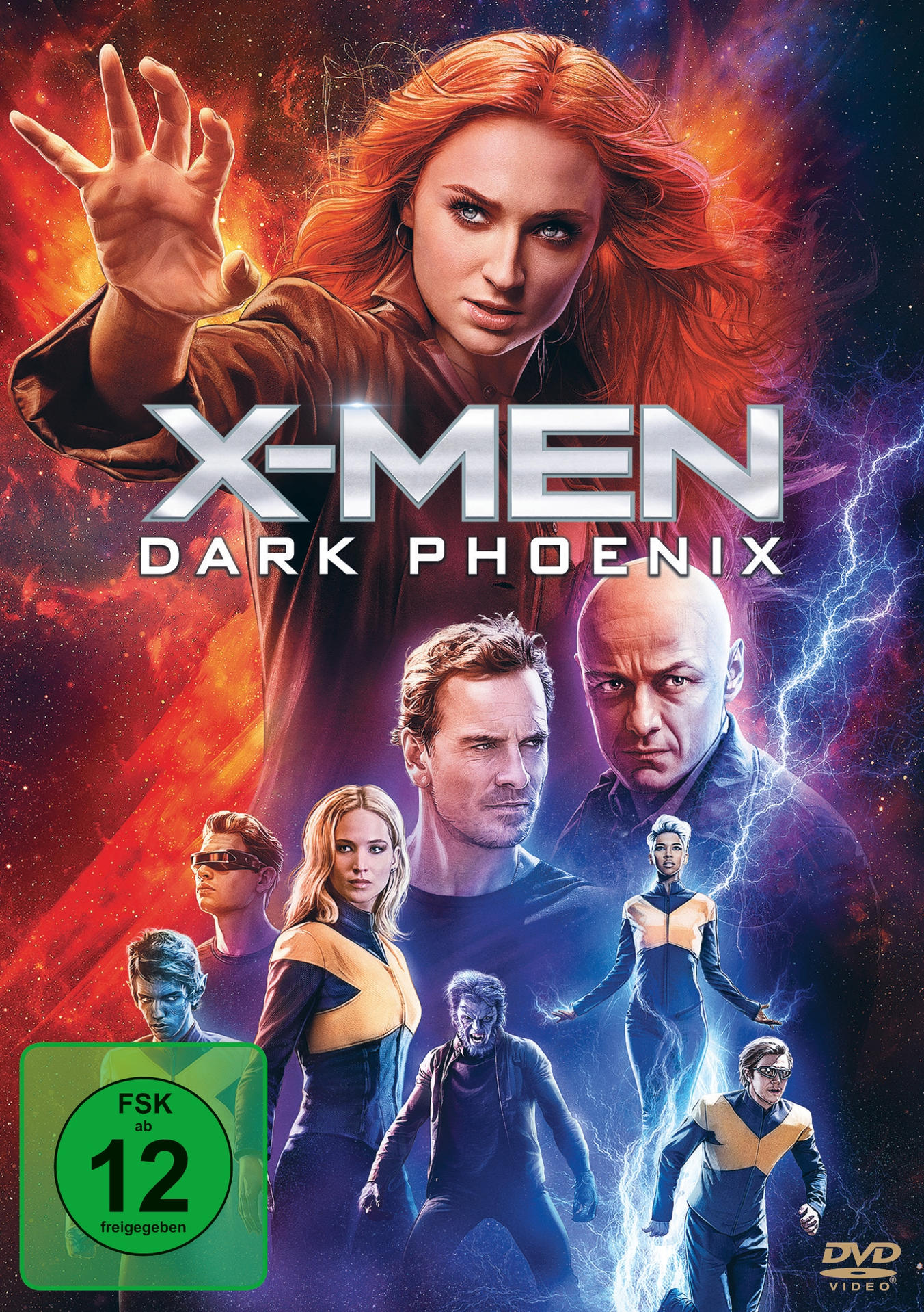 X-Men: Dark Phoenix DVD-Cover. Sophie Turner, andere Schauspieler und ein feuriger Hintergrund.
