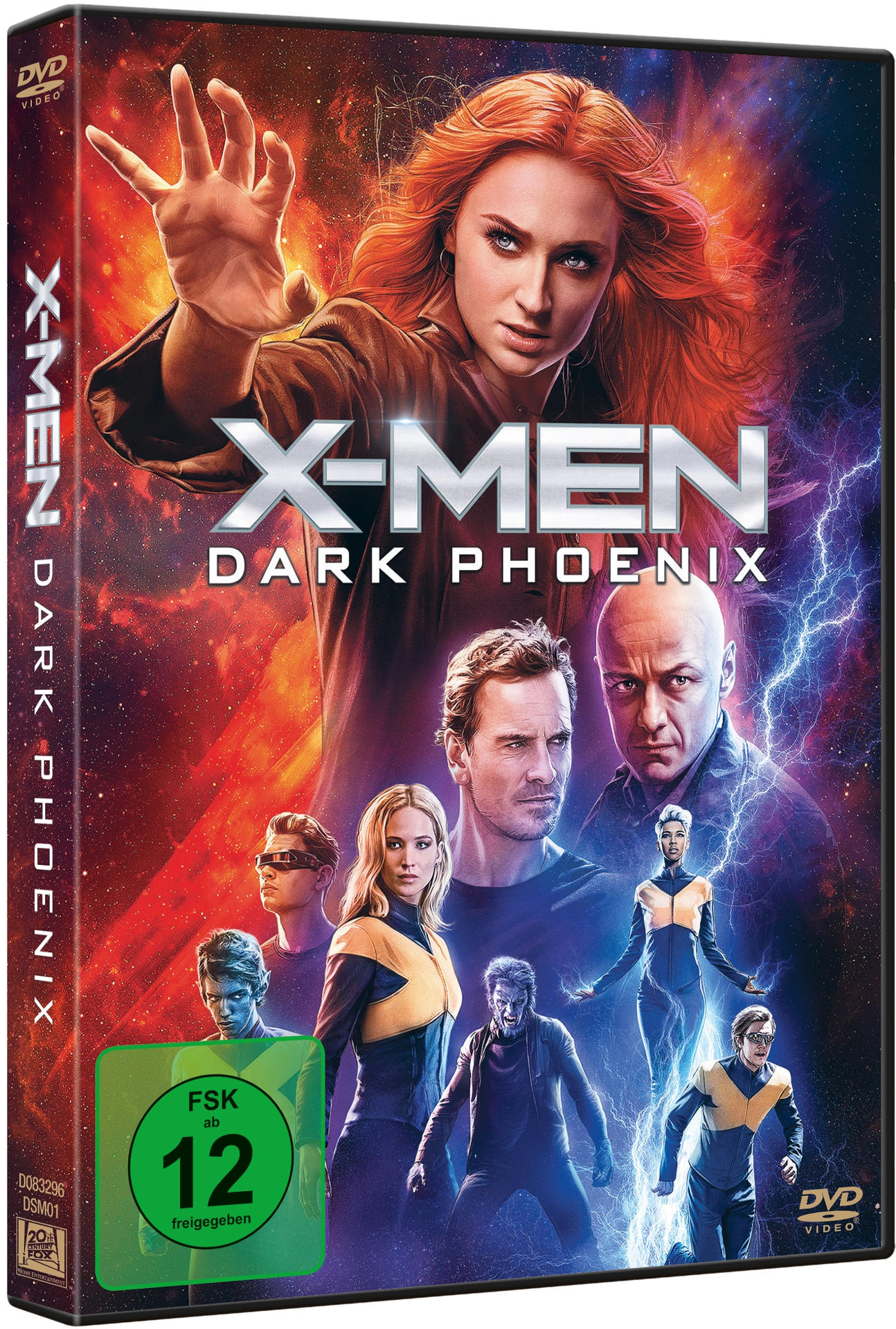 X-Men: Dark Phoenix DVD-Cover. Jean Grey vorne, andere Charaktere dahinter.