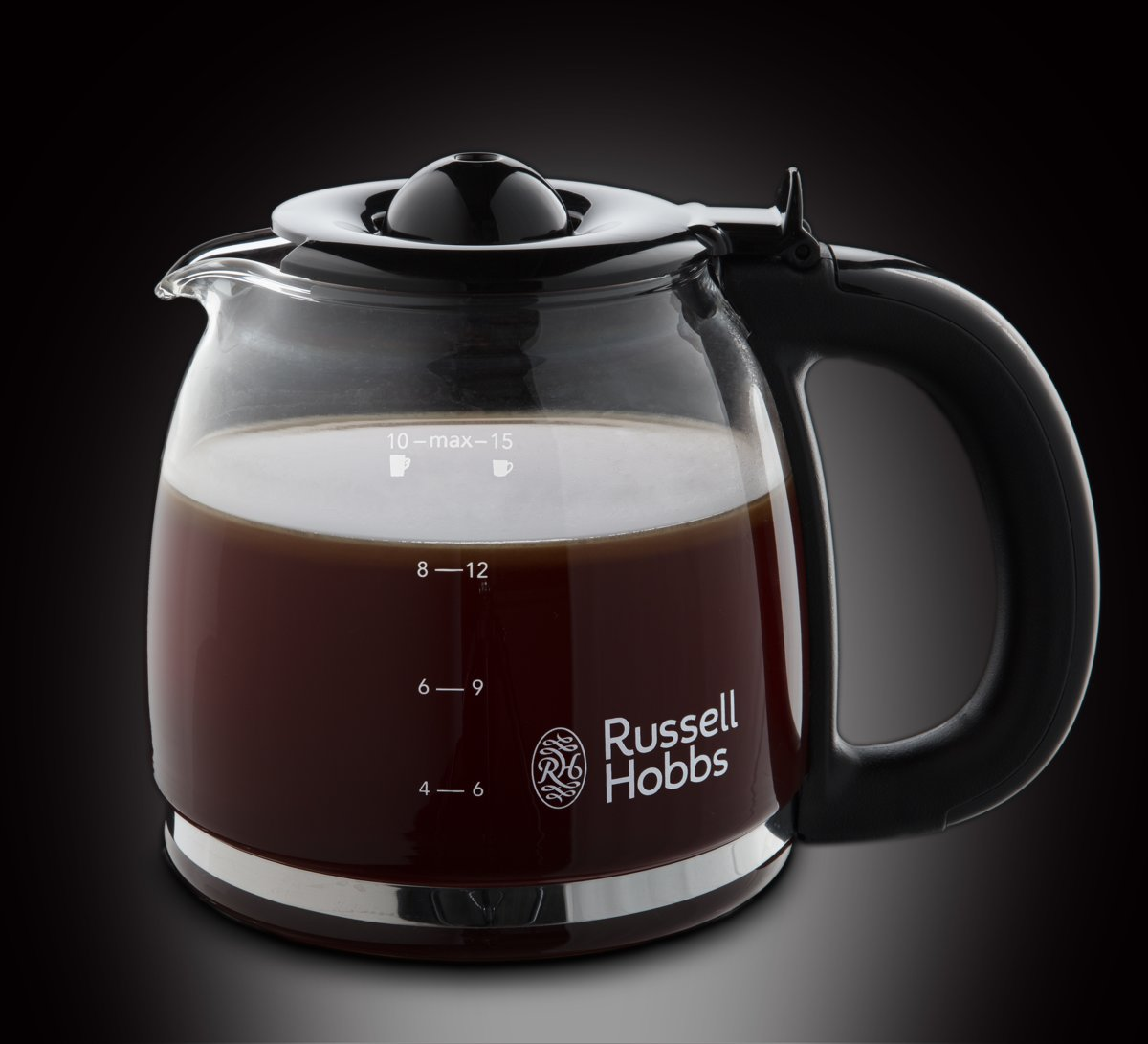 A coffee pot with dark coffee and a black handle. The brand name is on the side.