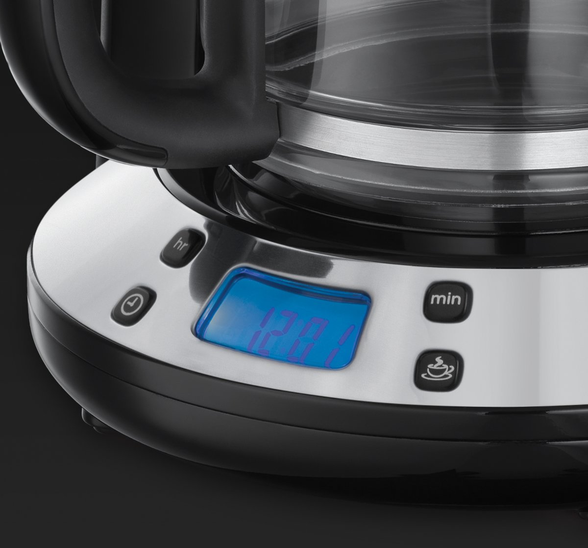 Close-up of a black and silver coffee maker with a digital display showing time.