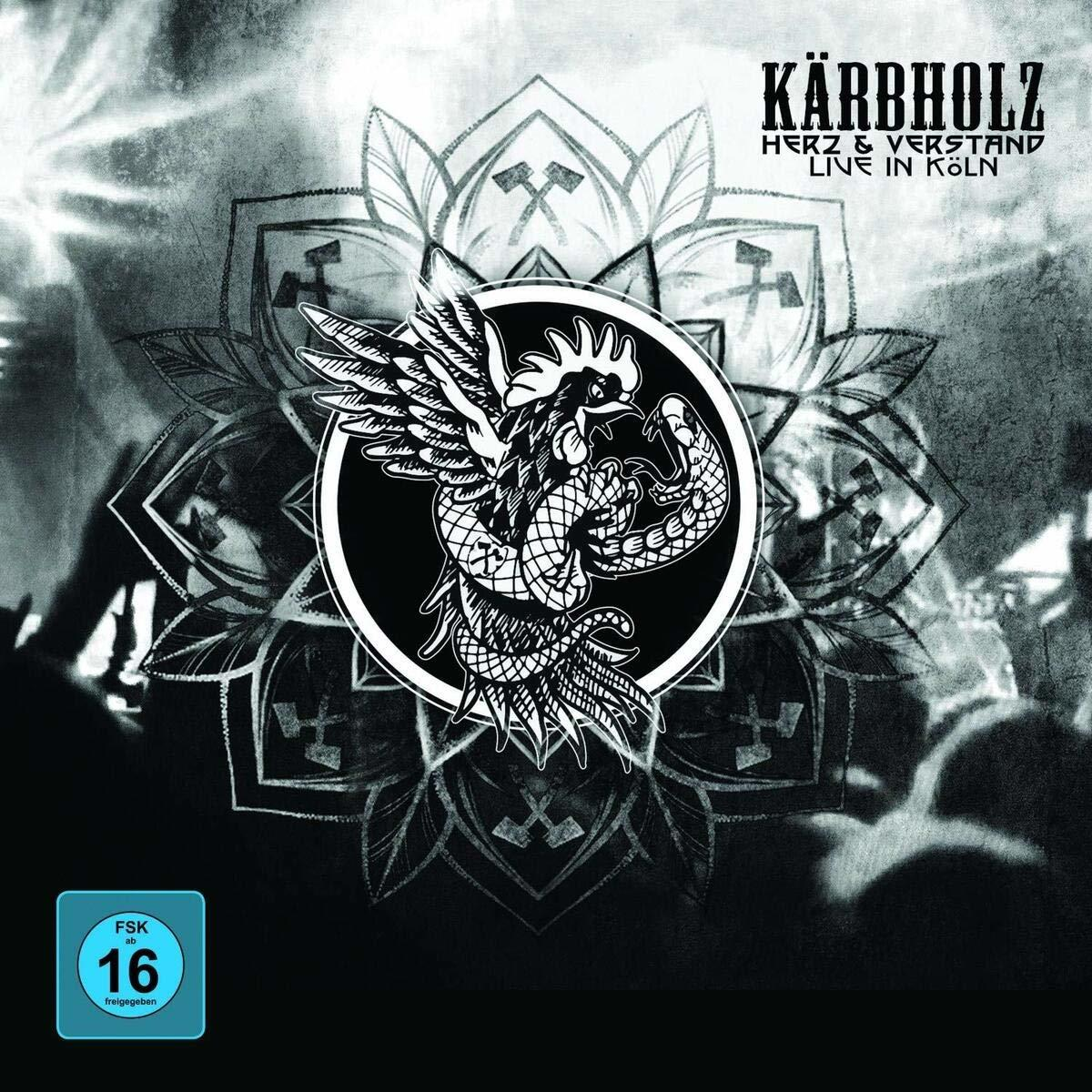 Albumcover. Schwarz-Weiß-Illustration eines Hahns und einer Schlange. Text: KÄRBHOLZ, Herz & Verstand, Live in Köln.