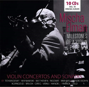 Albumhoes van Mischa Elman. Een violist speelt. Tekst bevat "Vioolconcerten" en "10 cd's".